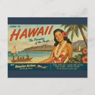 Carte Postale Publicité de voyage hawaïenne de style vintage