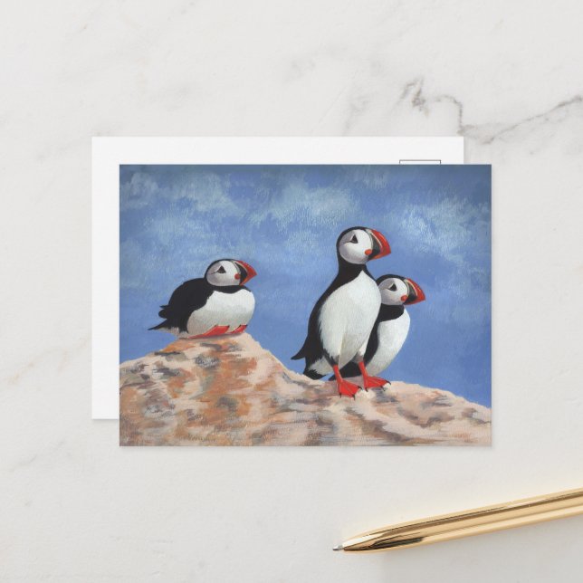 Carte Postale Puffin Trio (Devant/Arrière en situation)