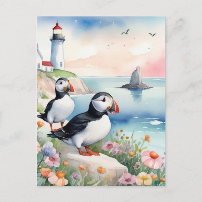 Carte Postale Puffins by the Sea - Ocean Flowers & Lighthouse (Devant)