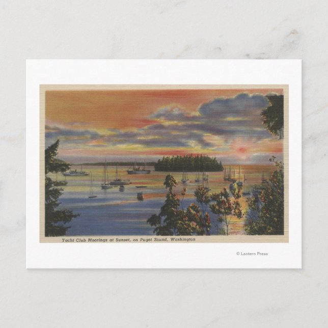 Carte Postale Puget Sound, WA - Yacht Club Moorings au coucher d (Devant)