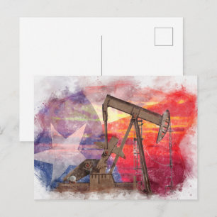 Carte Postale Pumpjack Texan icône dessin pastel avec Texas Flag
