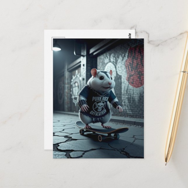 Carte Postale Punk Rock Goth Skateboard Hamster (Devant/Arrière en situation)