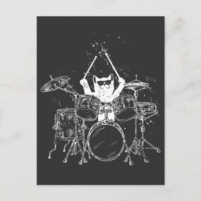 Carte Postale Punk Rockstar Kitten Kitty Chat Drummer Jouer (Devant)