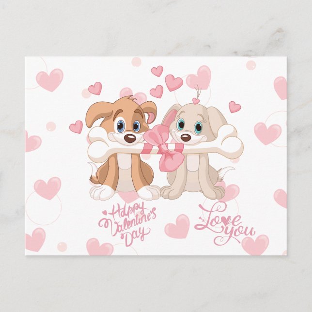 Carte Postale Puppies mignonnes avec un os coeur de la Saint-Val (Devant)