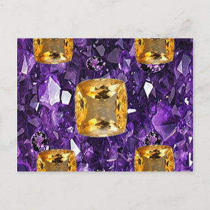 CARTE POSTALE PURPLE AMETHYST & GOLDEN TOPAZ GEM CRYSTALS