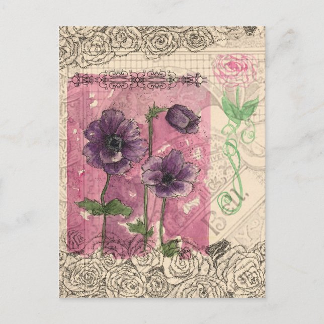 Carte Postale Purple Anemone Rose aquarelle collage Art (Devant)