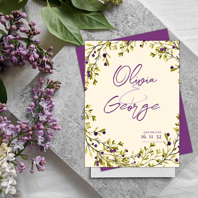 Carte Postale Purple Berry Greenery Feuilles mariage Enregistrer (Purple Berry Greenery Leaves Wedding Save the Date Postcard)