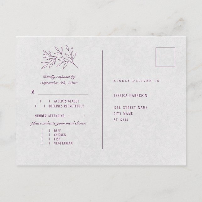 Carte Postale Purple Botanique Élégant mariage choix de repas RS (Dos)