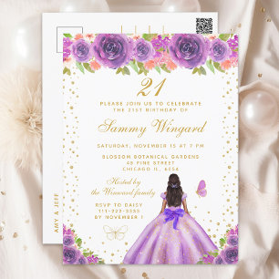Carte Postale Purple Floral Peau foncée Princesse Anniversaire