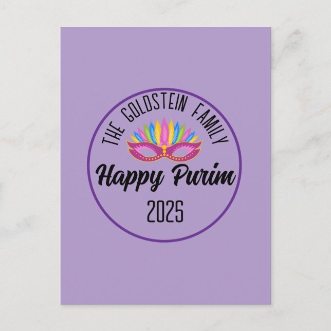 Carte Postale Purple Happy Purim Feather Masque (Devant)