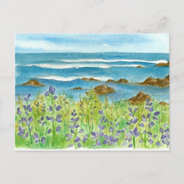 Carte Postale Purple Lupines Aquarelle Fleur sauvage Vagues océa (Devant)