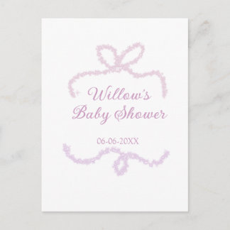Carte Postale purple pink glitter bow baby shower name date eleg