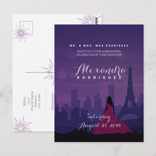Carte Postale Purple Pink Paris Fireworks Quinceañera (Devant / Derrière)