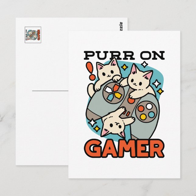 Carte Postale Purr On Gamer - Conception De Jeu De Chat Cute (Devant / Derrière)
