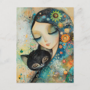 CARTE POSTALE PUZZLE DE FILLE ET CHAT D'ART