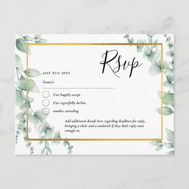 Carte Postale QR CODE RSVP Eucalyptus Feuille Mariage vert (Devant)