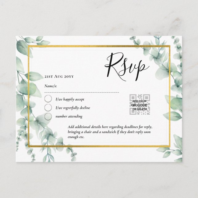 Carte Postale QR CODE RSVP Eucalyptus Feuille Mariage vert Po (Devant)