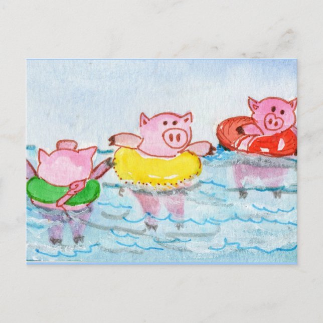 Carte Postale Quand les porcelets flottent - Cochons de natation (Devant)