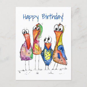 Carte Postale Quatre Beaux Oiseaux Whimsical Colorés