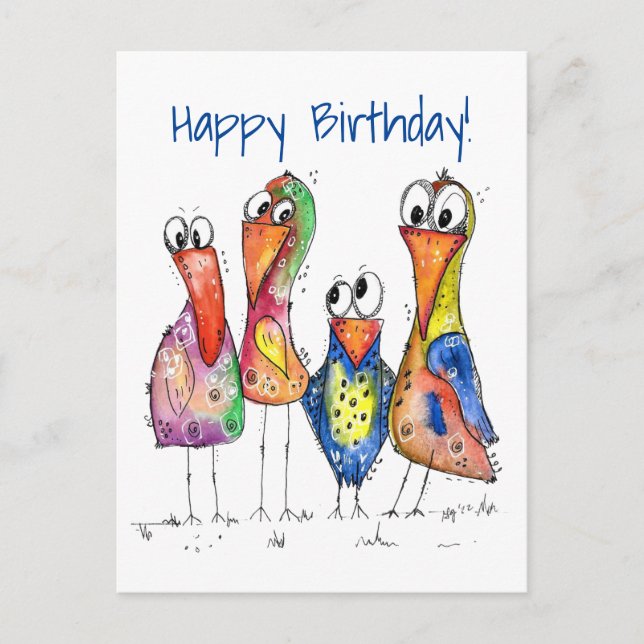 Carte Postale Quatre Beaux Oiseaux Whimsical Colorés (Devant)