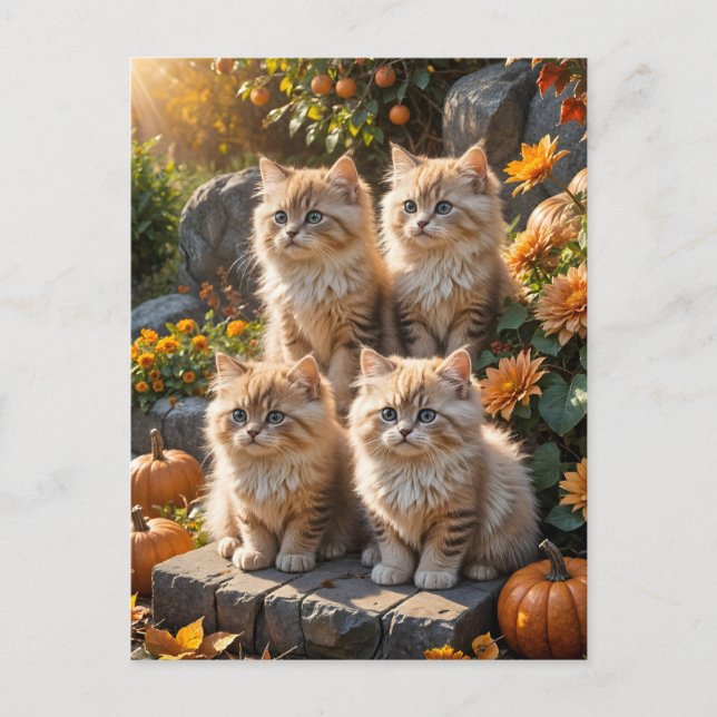 Carte Postale Quatre chatons d'automne en feuillu avec Citrouill (Devant)
