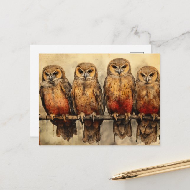 Carte Postale Quatre Chouettes (Devant/Arrière en situation)