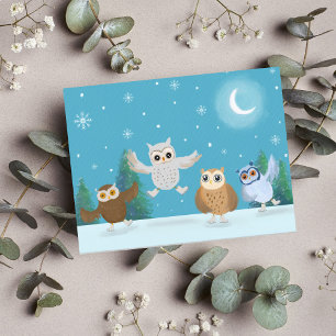 Carte Postale Quatre petites chouettes faisant du patin à glace