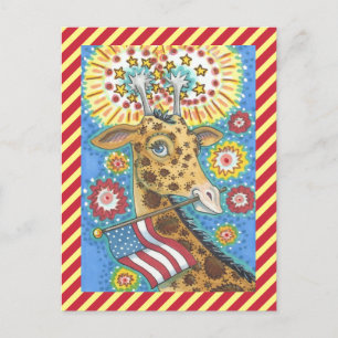 CARTE POSTALE QUATRIÈME JUILLET GIRAFFE ET FIRWORDS POSTCARD