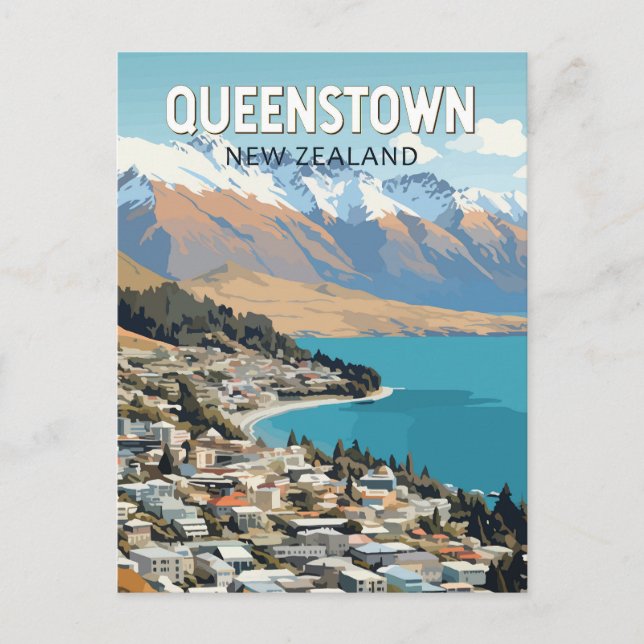 Carte Postale Queenstown New Zealand Travel Art Vintage (Devant)