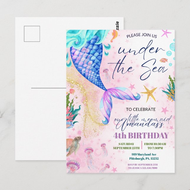 Carte Postale Queue de sirène Aquarelle Anniversaire Sous la mer (Devant / Derrière)