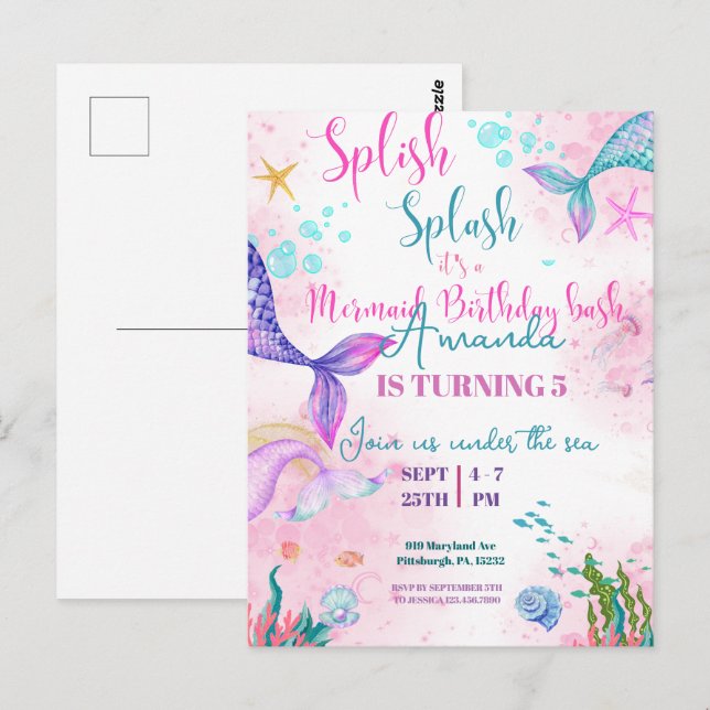 Carte Postale Queue de sirène Aquarelle Anniversaire Sous l'océa (Devant / Derrière)