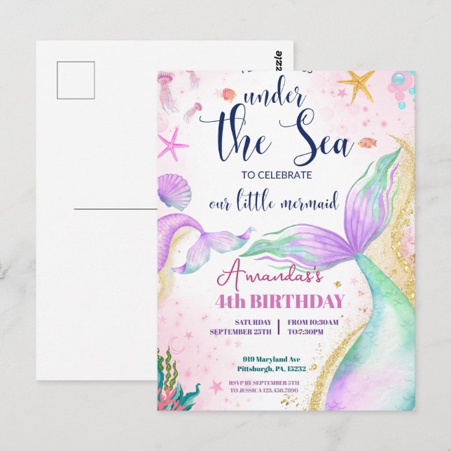 Carte Postale Queue de sirène Aquarelle Anniversaire Sous l'océa (Devant / Derrière)