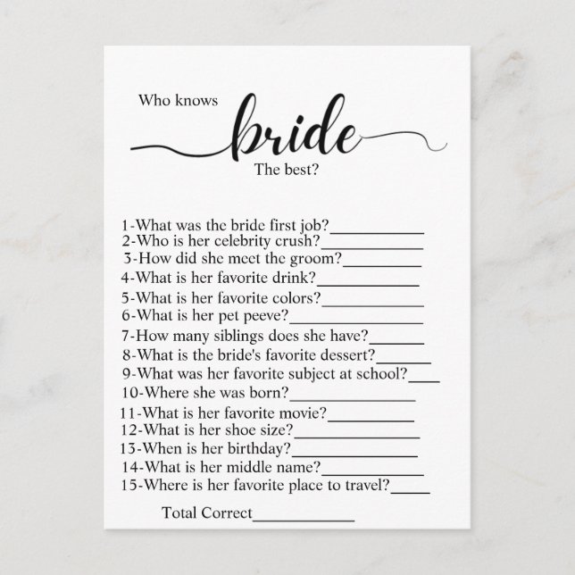 Carte Postale Qui connaît la mariée meilleur jeu de douche de ma (Devant)