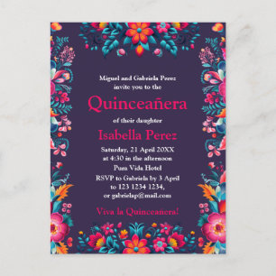 Carte Postale Quinceanera Florale Violet Fiesta Mexicaine Annive