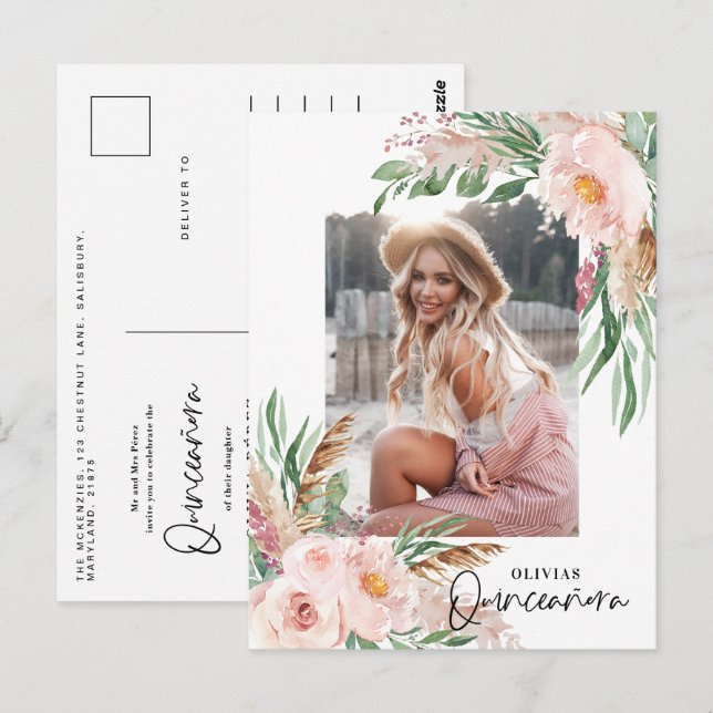 Carte Postale Quinceañera Pink girly floral photo anniversaire (Devant / Derrière)