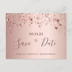 Carte Postale Quinceanera rose or étoiles enregistrer la date