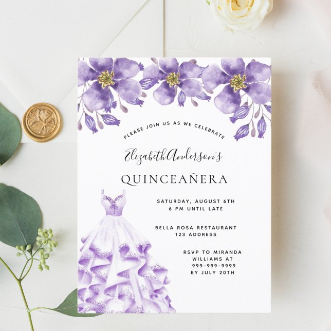 Carte Postale Quinceanera violet robe blanche floral élégant (Créateur téléchargé)