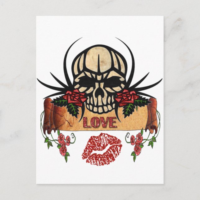 Carte Postale RAB Rockabilly Crâne Roses Love Lipstick (Devant)