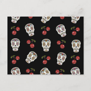 Carte Postale RAB Rockabilly Sugar Skulls Cerises Sur Fond Noir