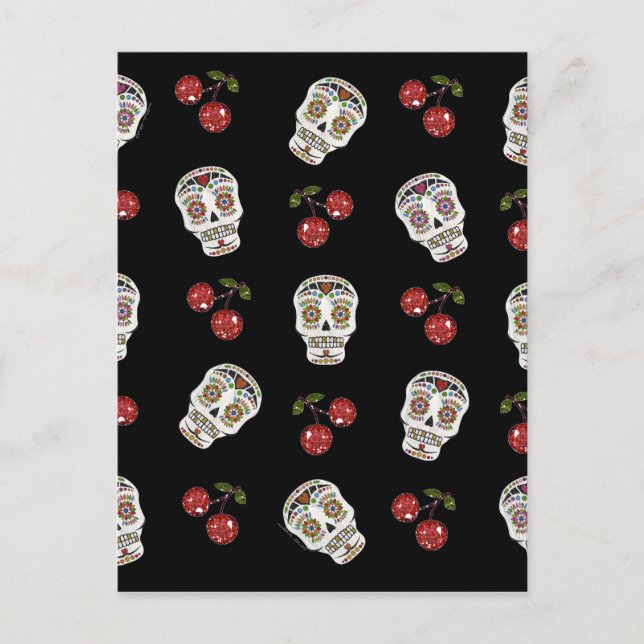 Carte Postale RAB Rockabilly Sugar Skulls Cherries On Black (Devant)