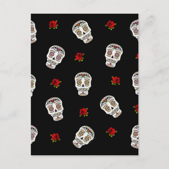 Carte Postale RAB Rockabilly Sugar Skulls Roses On Black (Devant)