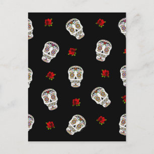 Carte Postale RAB Rockabilly Sugar Skulls Roses sur fond noir