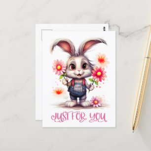 Carte Postale Rabbit Adorable Avec Fleurs Juste Pour Vous