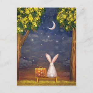 Carte Postale Rabbit avec une valise regardant vers le ciel noct
