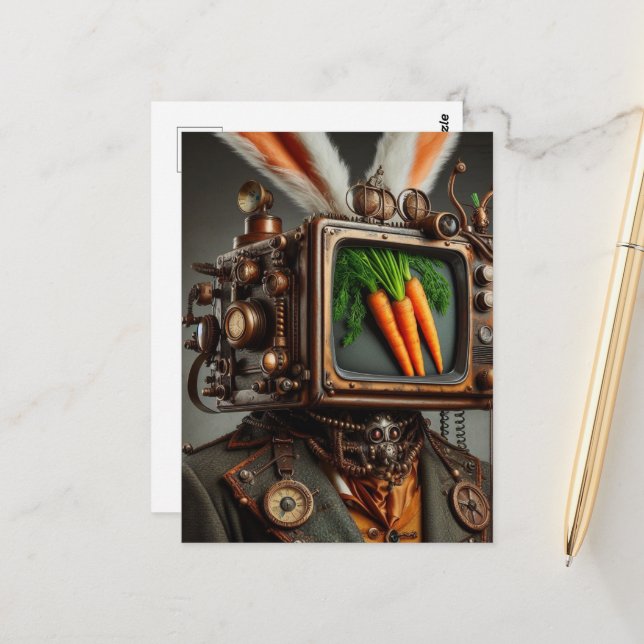 Carte Postale Rabbit de vapeurHomme avec une tête de télévision  (Devant/Arrière en situation)