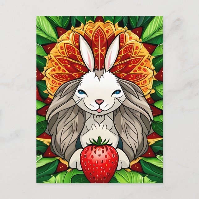 Carte Postale Rabbit, fraise, Mandala, poste (Devant)