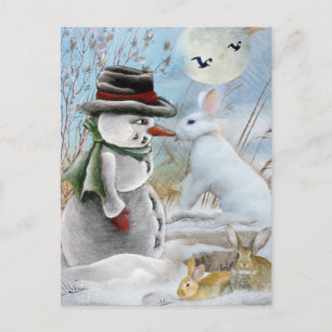 Carte Postale Rabbit Manger le nez de Snowman