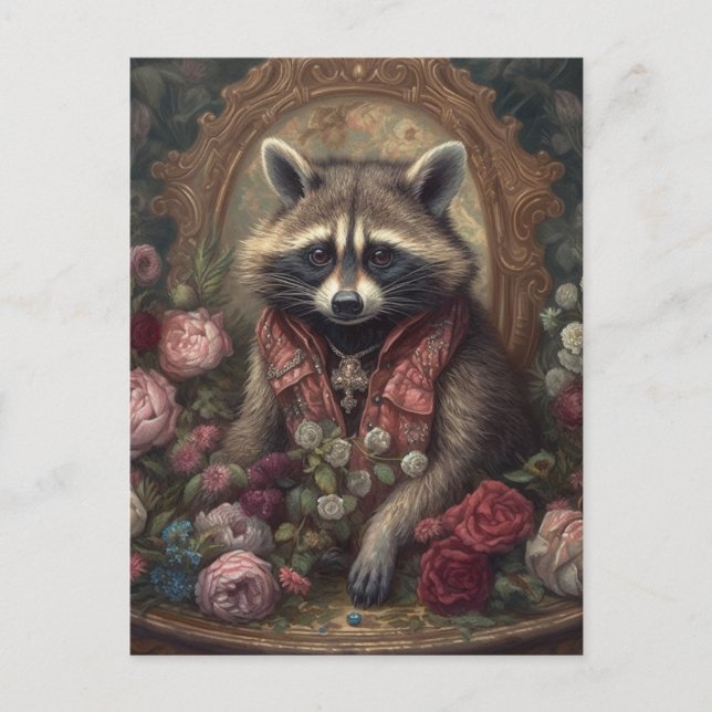 Carte Postale Raccoon adorable avec Fleurs (Devant)