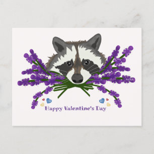 Carte Postale Raccoon avec lavande. Heureuse Sainte-Valentin
