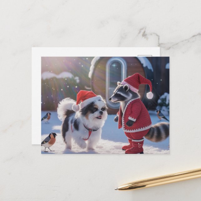Carte Postale Raccoon et fête du chien Noël (Devant/Arrière en situation)